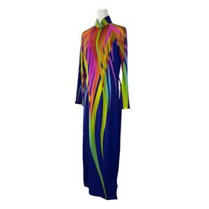 Multicolored Semi-Sheer Long Sleeve Mandarin Collar Maxi Tunic w/ Side Slits